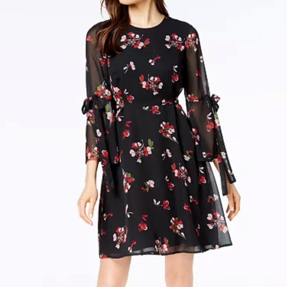 Nine West Black Red Floral Print Bell Tie Sleeve Dress Size 4